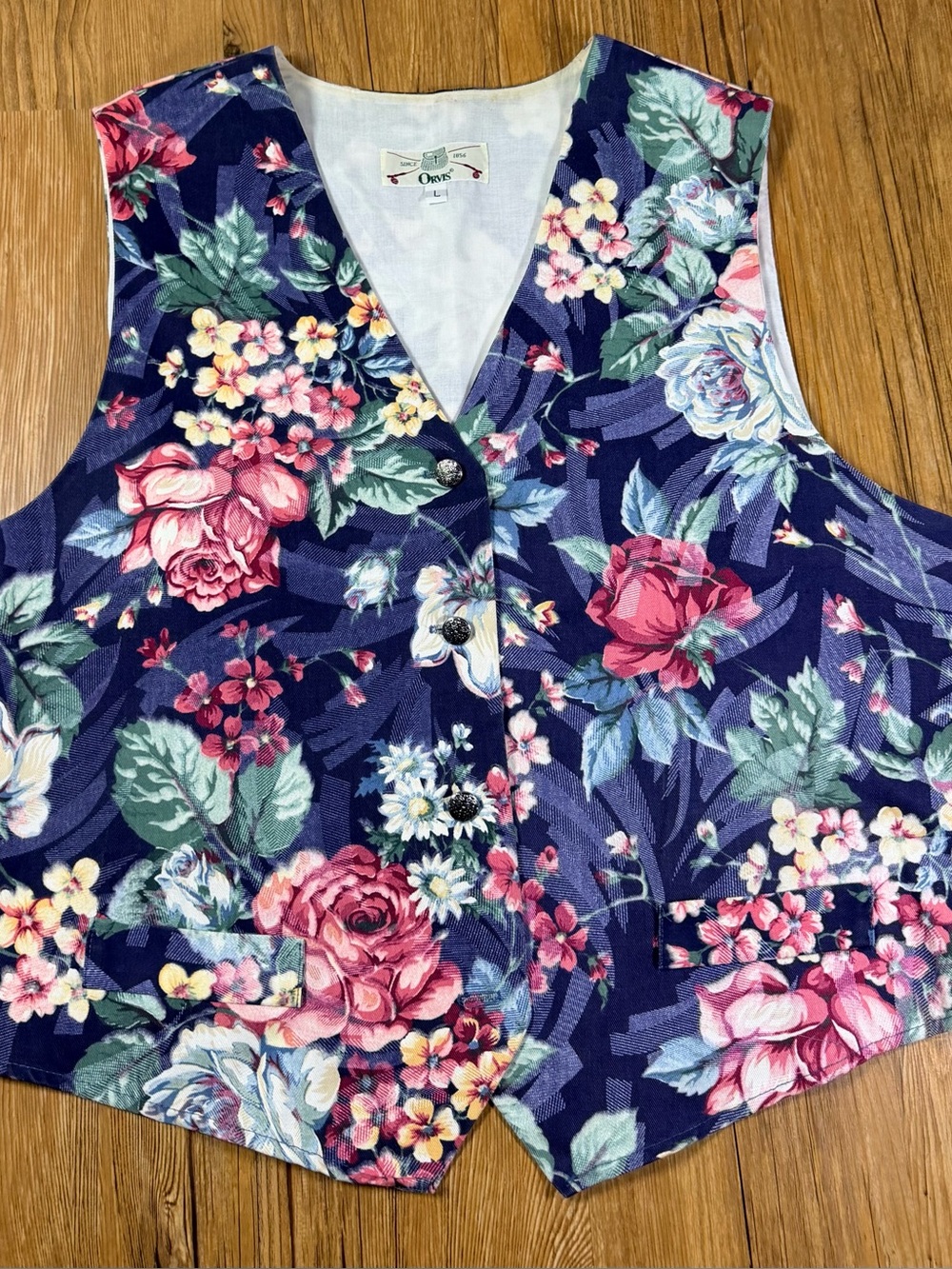 Orvis Womens L Floral Tapestry Vest Navy Pink Button Front Cottagecore USA